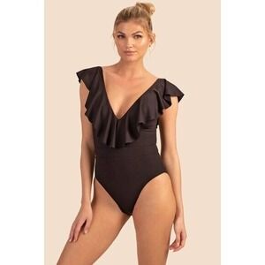 Trina Turk Ruffle One Piece Swimsuit Women 4 Black V-Neck Tie Back Monokini